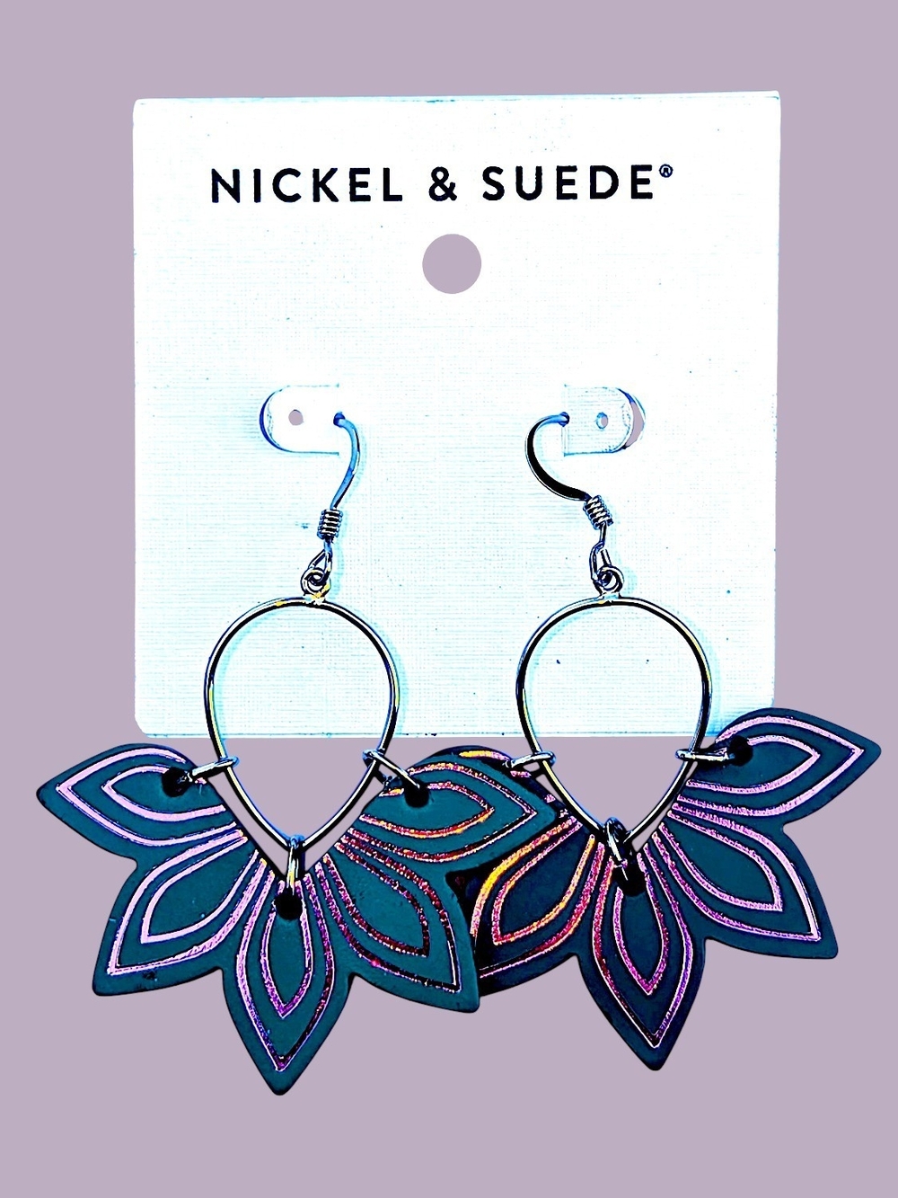 NEW Nickel & Suede Teal Purple Floral Hoop Earrings